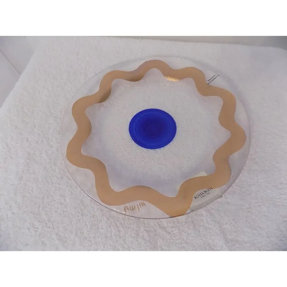 Kosta Boda Glass Cosmos Blue Dot Dessert Plate Gold Rim Signed 8